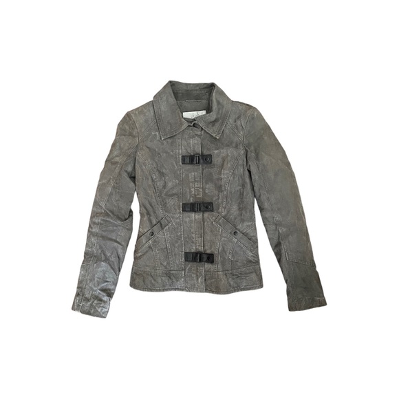 Blink Gray Suede Leather Jacket with Faux Leather Strap Detailing Size XXS - Picture 5 of 10